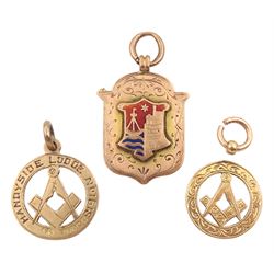 Rose gold enamel 'Scarborough Whist League' fob and two other rose gold Masonic pendant fobs, all hallmarked 9ct, approx 10.8gm