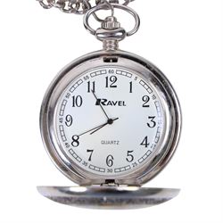 Silver pocket watch on silver plated chain, gold plated Garrard pocket watch with presentation engraving on reverse and one other