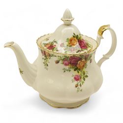 Royal Albert Country Roses tea and dinner service, teapot, milk jug, covered sucrier, eight dinner plates, eight teacups and saucers 