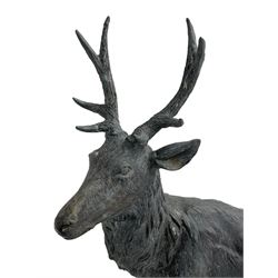 Contemporary bronze garden sculpture, modelled in the form of a stag, upon a rectangular stone plinth, overall H128cm L89cm W38cm
