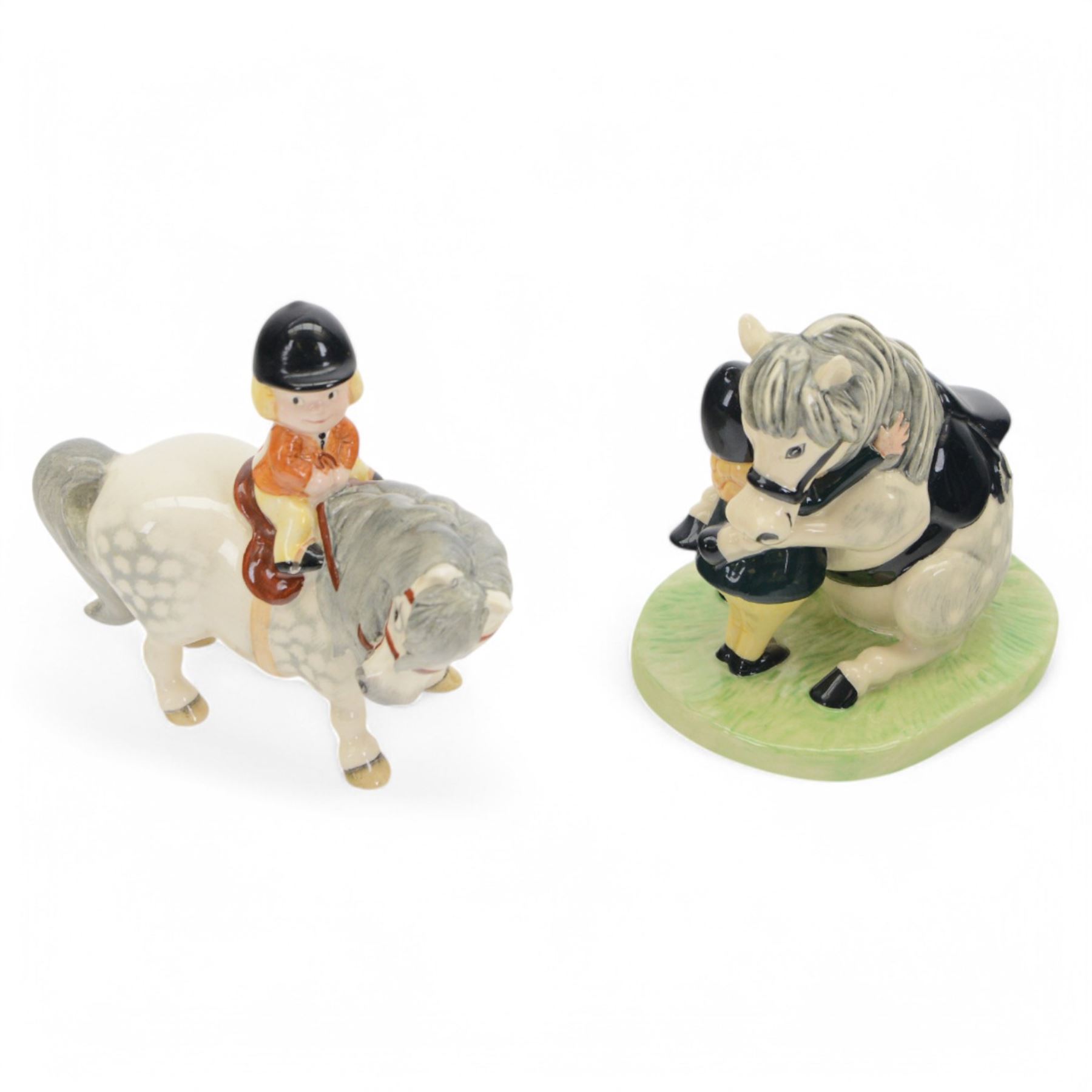 Three Royal Doulton Thelwell figures comprising Body Brush NT7, Ice Cream Treat NT9 and He'll Find You NT12, together with Beswick Thelwell figure and one other 