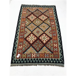 Choli Kilim blue ground rug, geometric patterned field, 158cm x 100cm