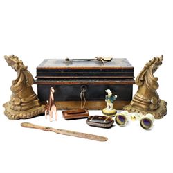 Collection of two gilt wooden wall brackets, tin money box, georgian snuff box, faux-torto...
