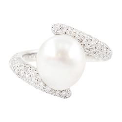 Chanel 18ct white gold pearl and diamond crossover ring, single cultured white / grey pearl, with pave set round brilliant cut diamond shoulders, hallmarked