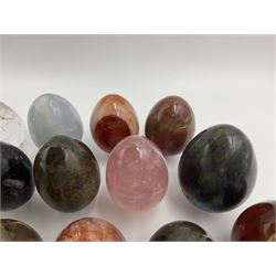 Collection of twenty-one hardstone specimen eggs, including labradorite, calcite, orbicular jasper, tiger's eye, smokey quartz, fossilised wood etc, originally part of the collection of the late Stanley J Seeger