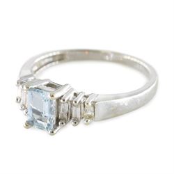 10ct white gold aquamarine and diamond ring, single octagonal cut aquamarine of approx 0.45 carat, with three tapered baguette cut diamonds set either side, stamped