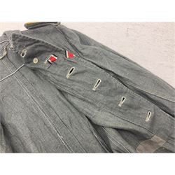WW2 German Army grey/green herringbone twill four pocket tunic with shoulder tabs for signals regiment, cloth eagle insignia and iron cross ribbon