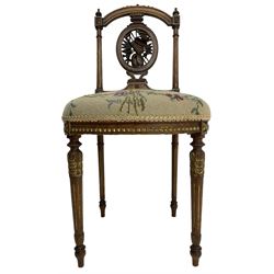 Late Victorian walnut side chair, arched cresting rail over carved and pierced splat depicting baskets and foliage, floral needle work upholstered seat, on acanthus carved and fluted turned supports