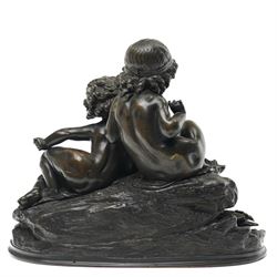 French School (20th Century); bronze depicting putti feeding a swan from a rock, unsigned, H26cm 