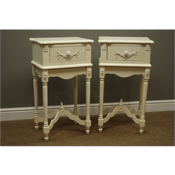 Pair French style cream finish bedside tables, single drawer on turned supports joined by stretchers, W44cm, H81cm, D34cm (2)  