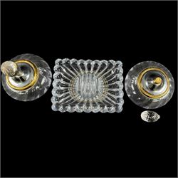  Glass vanity dish and pair of lidded vessels, retailed by Harrods, dish L17cm, H7cm