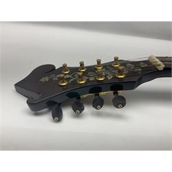 Eastern eight-string F-hole mandolin with blue sunburst finish and mother-of-pearl inlay of flowers and birds L69cm