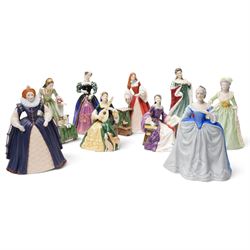 Six Royal Doulton figures, comprising Queens of the Realm Queen Anne HN3141 and Mary Queen...