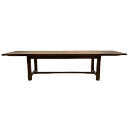 Antix French oak dining table with two leaves, two frieze drawers;, and six ladder back chairs with rush seats