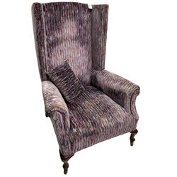 Early 20th century high wing back armchair, upholstered in stripe fabric, cabriole legs