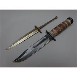  3rd Pattern Commando Knife, 17.5cm blued blade etched Nowill & Sons with Cross Keys, ribbed blacked alloy handle with Cross Keys, in brown leather scabbard, US Marine Corps combat knife. 17.5cm blade ricasso marked 'USMC' and 'KA-BAR' & 'OLEAN N.Y.' leather washer grip. and a relic Commando Knife blade (3)  