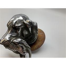 Charles Paillet (1871-1937), nickel plated car mascot, modelled as the head of a gun dog carrying a pheasant, signed verso, not including fixture H8cm 