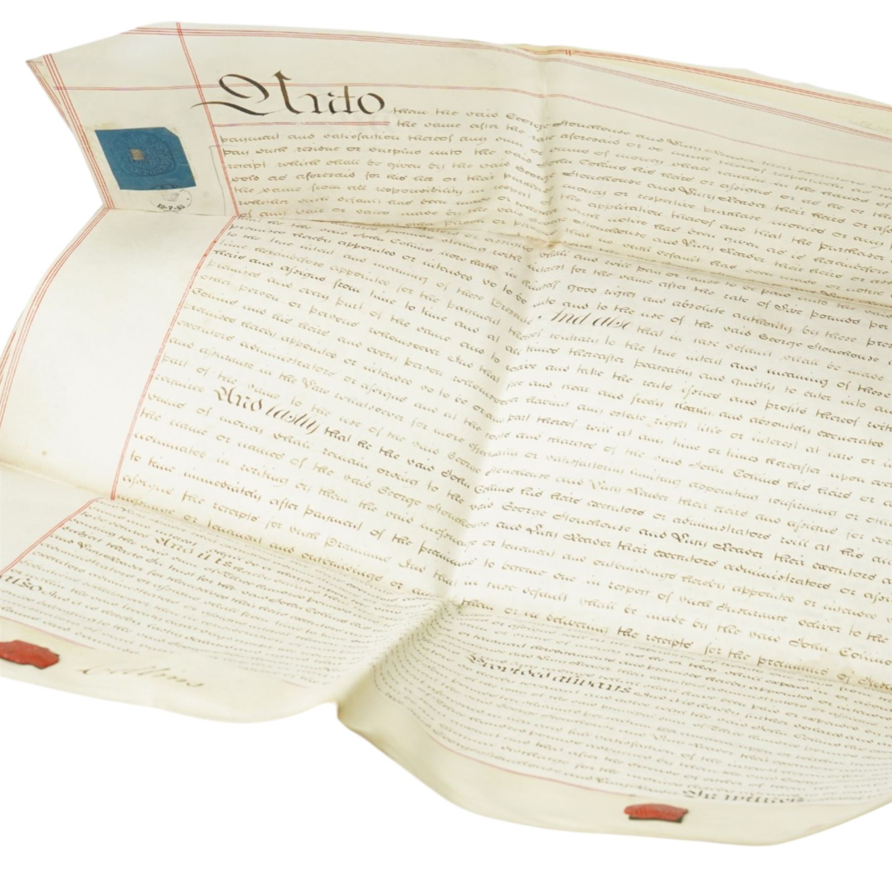 Two pages of 16th century German text referencing Columbus 31cm x 19cm, Charles I Confirmation Deed indenture 1627, King James indenture and a 19th century Mortgage indenture Collins to Stonehouse