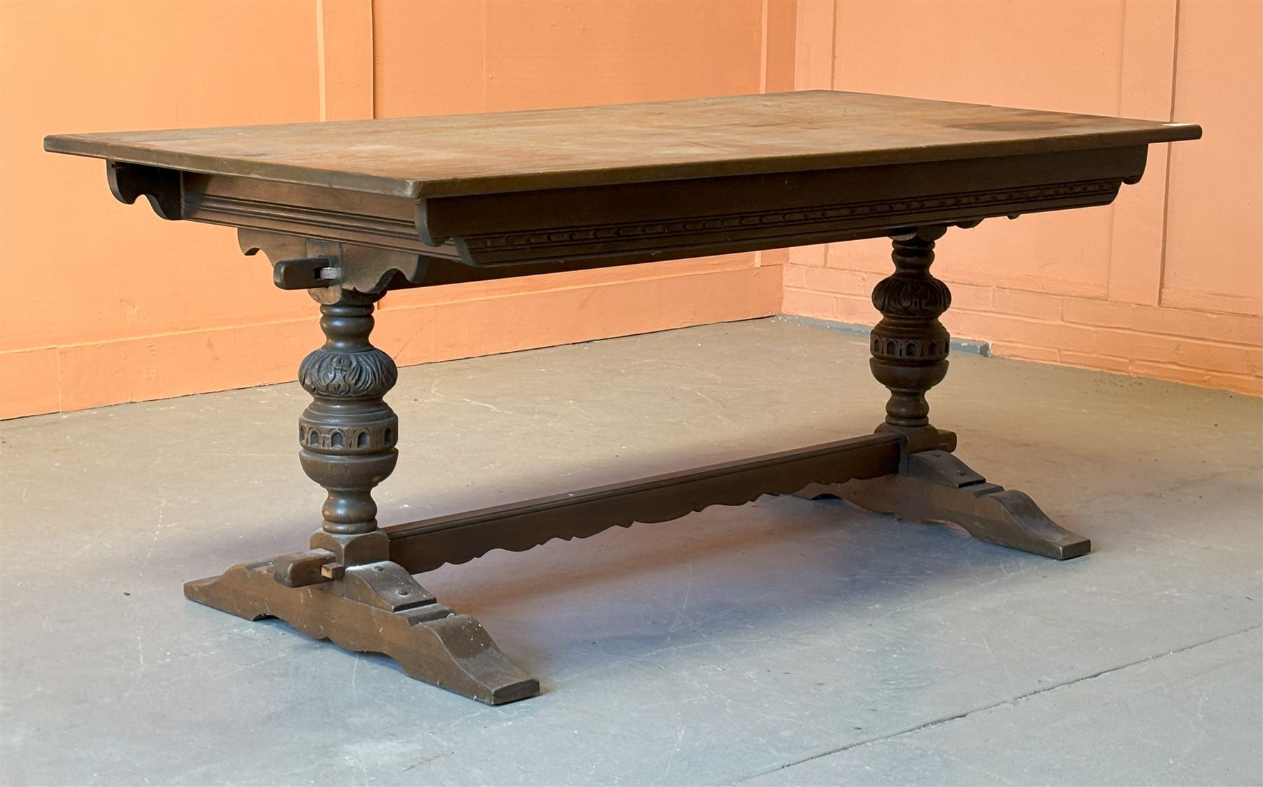 18th century style oak refectory type dining table, the rectangular top above acanthus carved baluster supports and sledge feet, united by a shaped stretcher. H78cm, 182cm x 93cm. - COLLECTION BY APPOINTMENT FROM: The White House, Thirsk Road, Easingwold, York, YO61 3NF - CALL 01723 507111 TO ARRANGE
