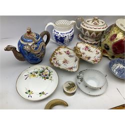 Dartmouth pottery glug jug, together with a Shelley teacup and saucers, royal vienna jardiniere and other ceramics, together with five wooden walking sticks, two with silver tops