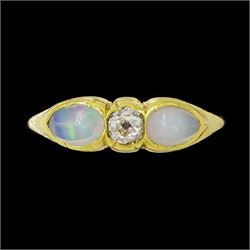 Early 20th century gold opal and diamond three stone ring, single old cut diamond of appro...