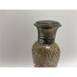 Contemporary silver mounted crackle glass scent bottle by Whitehill, hallmarked WW, Sheffield 2000, the tapering red body with applied decoration upon circular spreading foot with 'Whitehill' etched monogram beneath, silver collar stamped 925 and hallmarked hinged domed lid revealing an interior glass stopper, H16cm