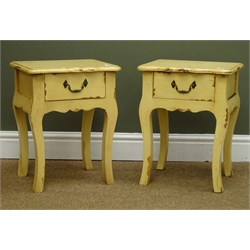  Pair small french style distressed painted wood stands with drawer, W35cm, H45cm, D30cm  