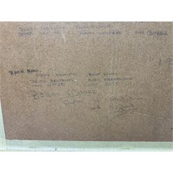 1970-1 photograph of West Ham United FC squad members, including Bobby Moore, Geoff Hurst, Harry Redknapp, Trevor Brooking, Jimmy Greaves, Billy Bonds etc, most players with signatures, 30 x 45cm, framed and glazed