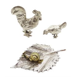 Edwardian silver cockerel by Nathan & Hayes, Chester 1904, Edwardian silver hen by Boaz Moses Landeck and silver leaf with silver-gilt snail by LC London 1991