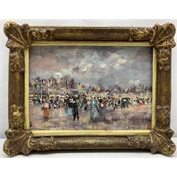 L Loir (French 1845-1916): Bastille Day Parade, oil on canvas laid on panel signed 18cm x 26cm