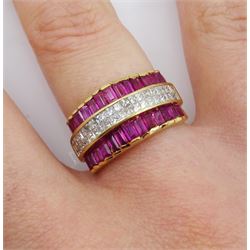 14ct gold four row calibre ruby and princess cut diamond ring, stamped