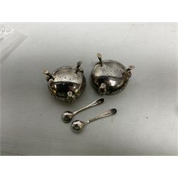 Pair of Victorian silver table salt cellars of cauldron form with gilt interiors, together with accompanying salt spoons, hallmarked Martin, Hall & Co, Sheffield 1879, total weight approx 100.5g