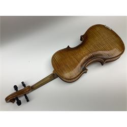 German Saxony violin c1900 with 35.5cm two-piece medium grain maple back and ribs and medium grain spruce top; bears label 'Jacobus Stainer in Absam prope Oenipontum 17xx Made in Germany', 59.5cm overall; with modern bow (2)
