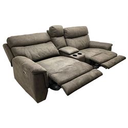 DFS - 'Vinson' two-seat electric reclining smart sofa upholstered in stitched grey fabric, the central console fitted with storage compartment and two drink holders, electric reclining with USB charging ports 