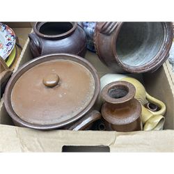 Four stoneware jars, tureen and cover, figural table lamp, trinket boxes and a collection of other ceramics and collectables etc, in three boxes 