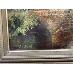 Paul J Attfield (British 1950-): Girls Fishing in a Woodland Stream, oil on canvas signed 44.5cm x 60cm 