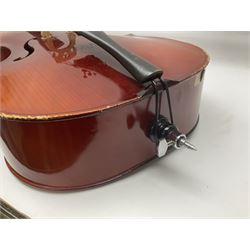 Two student half-size cellos - Boosey & Hawkes Artia with 65cm one-piece back and spruce top; bears maker's label; L104cm overall; and Romanian with 65.5cm two-piece maple back and ribs and spruce top; bears label; L108.5cm overall; each in soft carrying case with two bows (2)