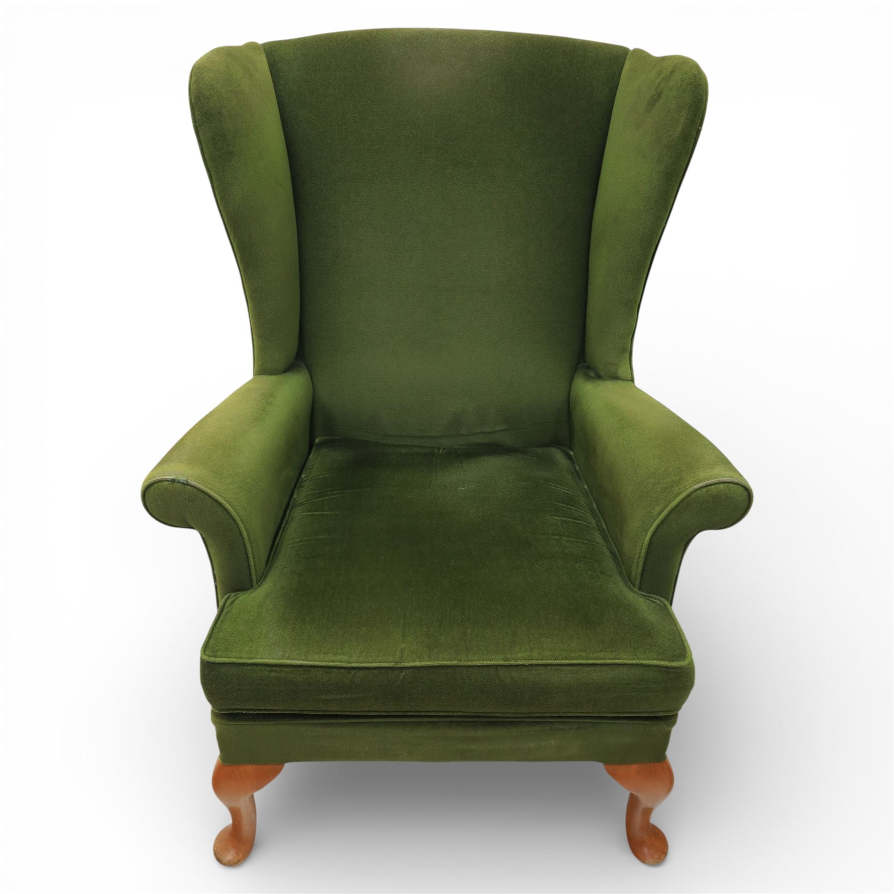 Parker Knoll - pair of 'Penhurst' wingback armchairs upholstered in olive green fabric, on light stained supports 