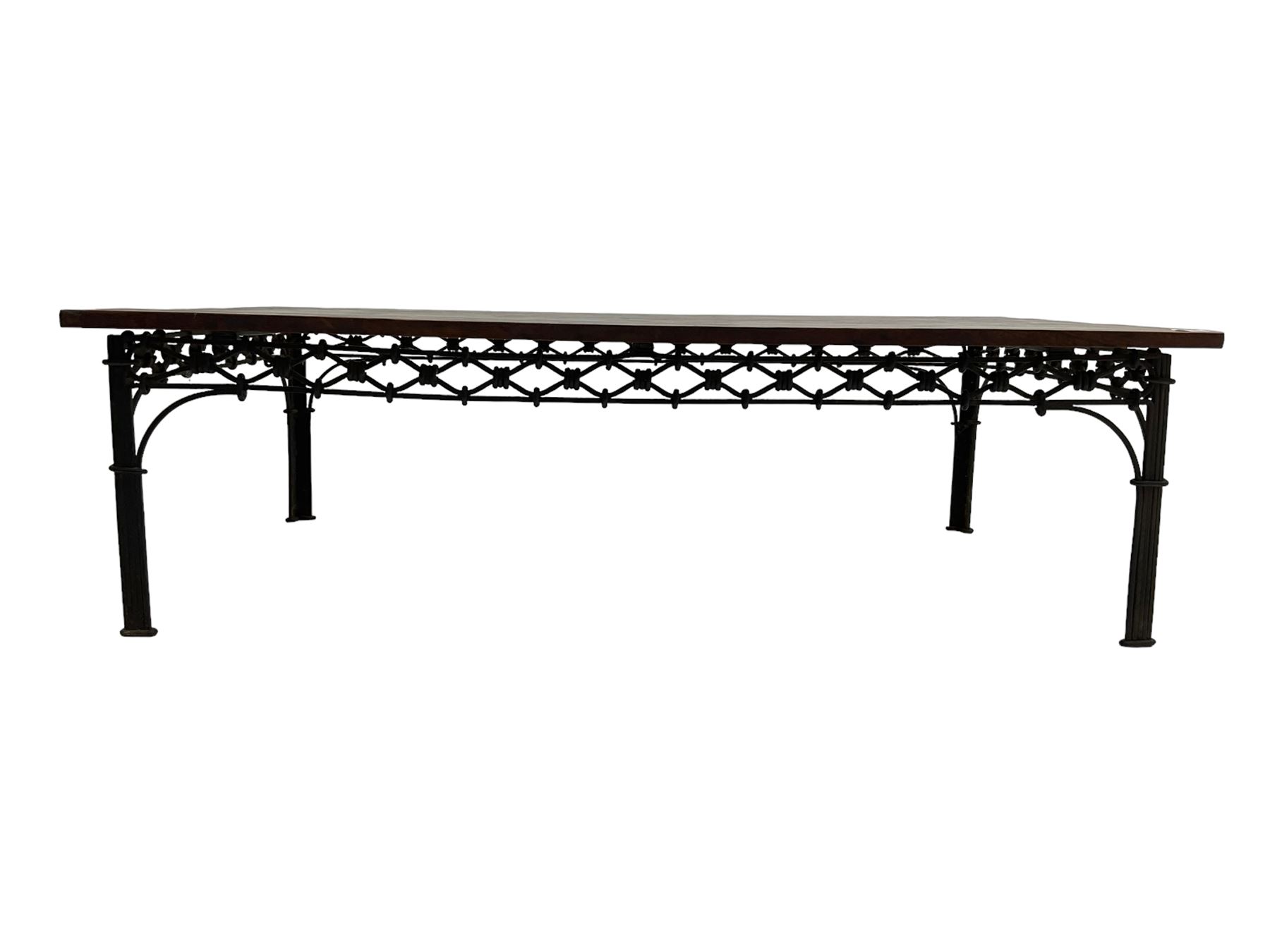 Laura Ashley - mango wood and wrought iron coffee table, the rectangular top over a pierced wrought iron frieze in repeating lozenge pattern