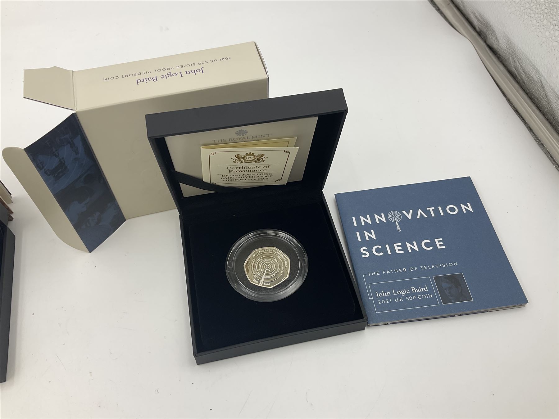 Three The Royal Mint United Kingdom silver proof piedfort fifty pence coins, 2021 'John Logie Baird', 2021 'Charles Babbage' and 2022 'Alan Turing', all cased with certificates