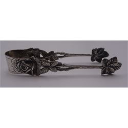 Group of silver flatware, to include Victorian christening set comprising knife, fork and spoon with silver handles, blade, prongs, and bowl, hallmarked Martin, Hall & Co, Sheffield 1868, William IV Fiddle pattern dessert fork, hallmarked William Eaton, London 1834, two Victorian teaspoons, 1920's teaspoons, and three Continental graduated spoons and set of matching sugar tongs with rose and vine detail, stamped 825, etc., together with a a small modern silver pendant modelled in the form of a heart, hallmarked Penhaligon's, Birmingham 1991, and two modern silver page markers, each stamped 925, one example worn import mark, approximate total weight 8.61 ozt (267.8 grams)