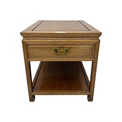 Chinese hardwood end table, rectangular form fitted with double cupboard, enclosed by panelled doors, on scroll carved supports (W51cm, H56cm, D66cm); Chinese hardwood end table, rectangular form fitted with single drawer over under tier (W51cm, H56cm, D66cm)