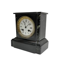 French - mid 19th century 8-day Belgium slate mantle clock in a break-front case with a flat top and varigated green marble inserts to the front, white enamel dial with Roman numerals and moon hands within a decorative glazed bezel, countwheel striking movement striking the hours and half hours on a bell. With pendulum. 