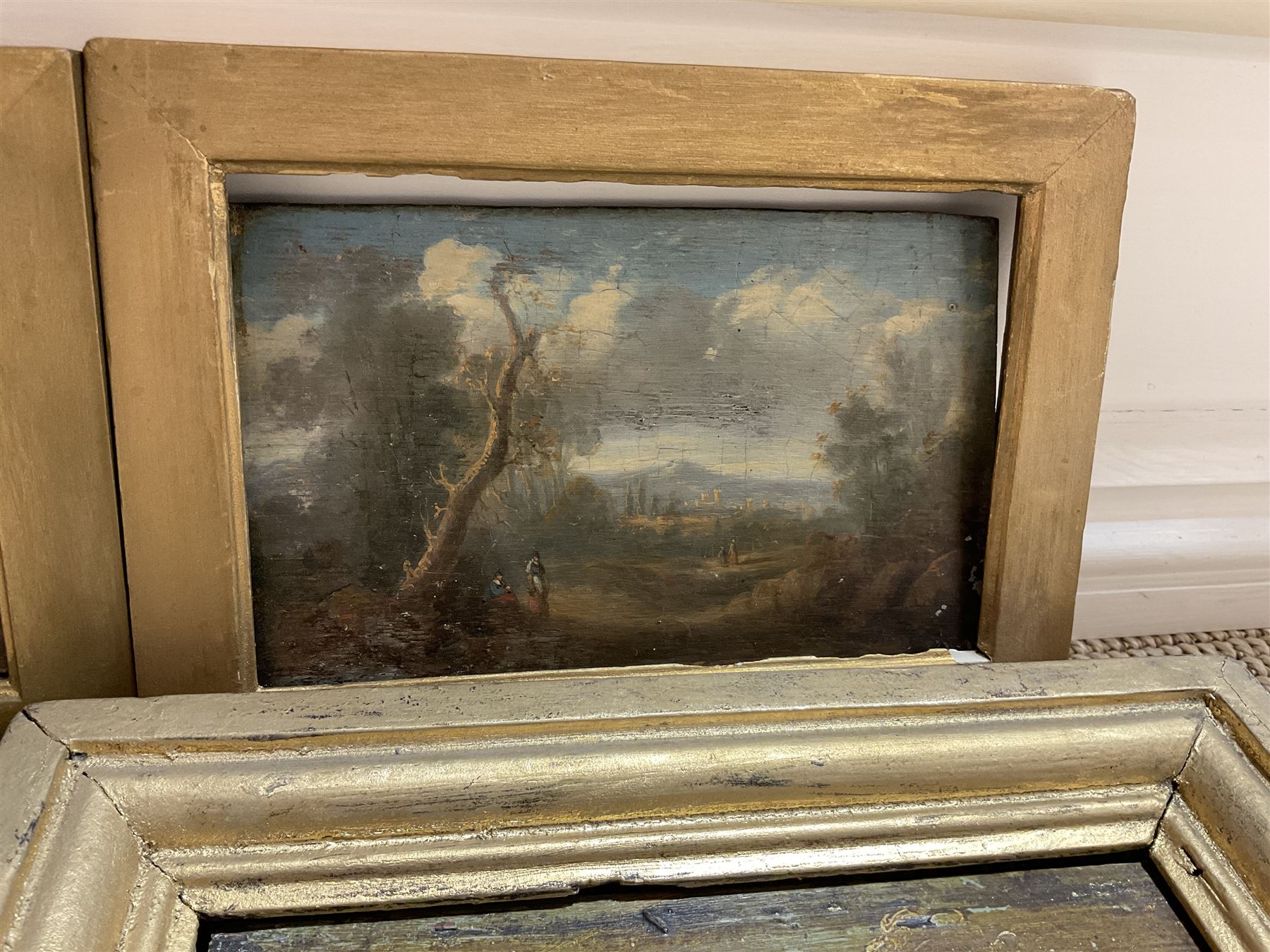 English School (19th century): Country Landscapes, three oils on panel, together with another naive 19th century oil on panel by another hand, max 15cm x 20cm (4)