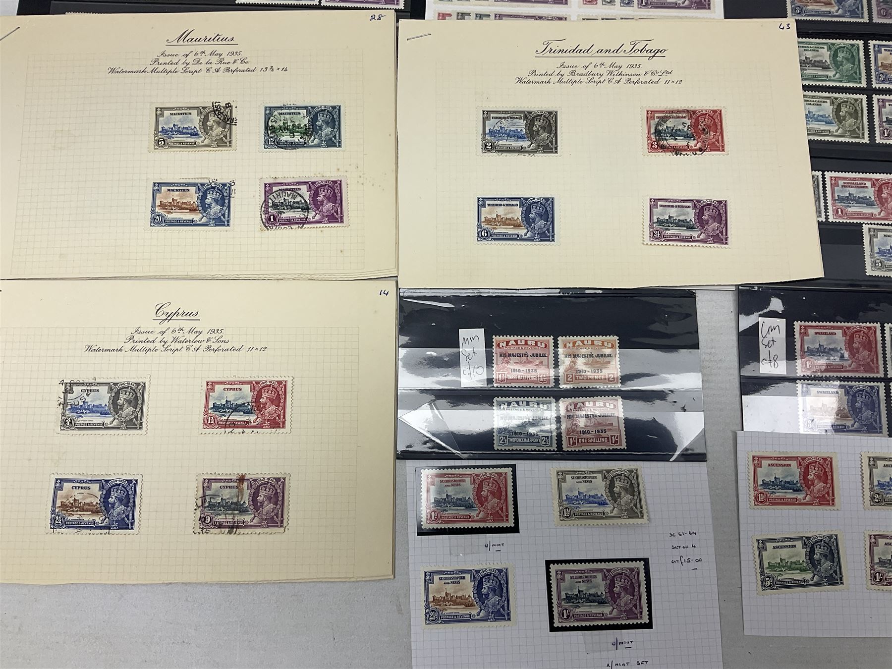 King George V 1910-1935 Silver Jubilee stamps, including Antigua, Basutoland, Cayman Islands, Fiji, Nyasaland, Jamaica, St Helena, Seychelles, Swaziland, St Lucia, British Guiana etc, housed on pages and stockcards 
