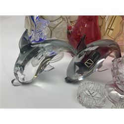 Pair of V Nason & Co murano glass dolphins together with to other glass figures and cranberry glass and lampshades  