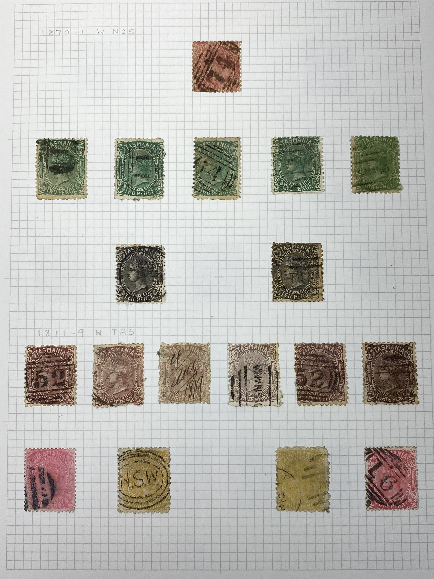 Van Diemen's Land (Tasmania) Queen Victoria and later stamps, including 1853-4 one penny and four penny stamps, 1855 two pence and four pence, 1856 one penny, 1857 various values, 1864-80 various perf issues etc, housed on pages