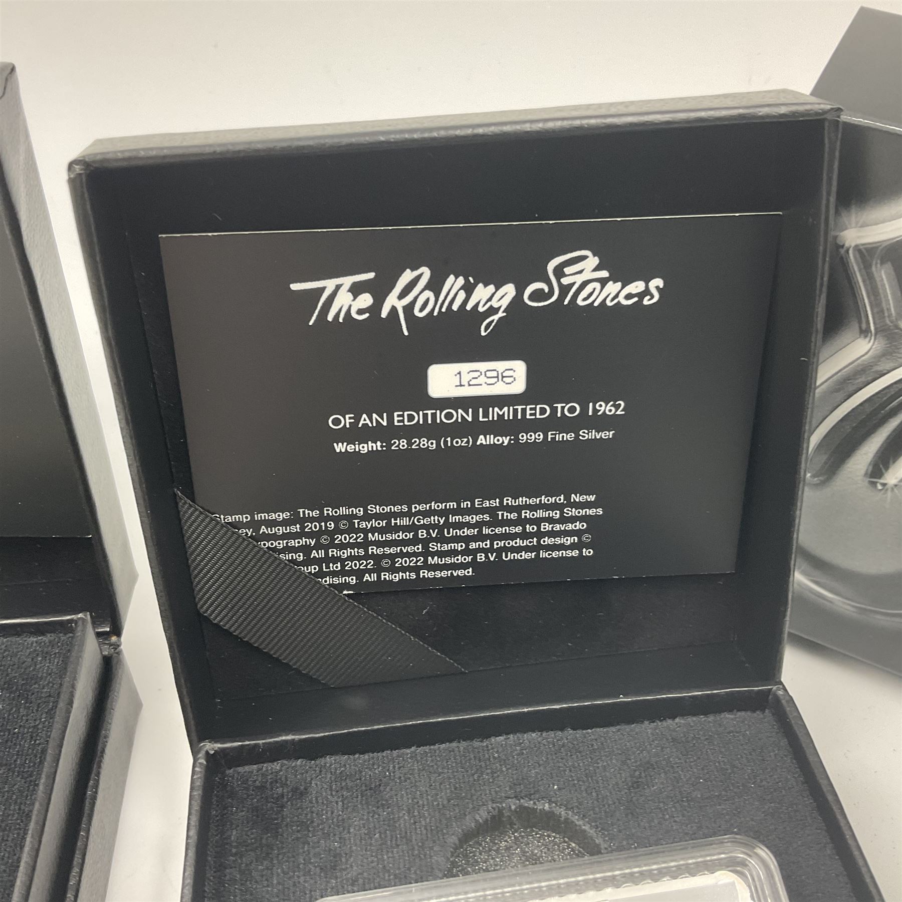 Two Royal Mail 'The Rolling Stones 60th Anniversary' fine silver stamp ingots, cased with certificates 