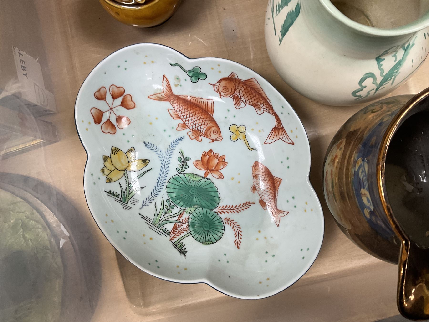 Elesva Holland blue and white part tea service, Capodimonte style figure group 'The Card Players', Oriental bowl of shallow form decorated with painted koi fish and sea plants, L25cm and Quantity of cutlery to include silver plated examples, together with glass carafe and decanter with stopper, Framed Aboriginal Art Print, by Danny Eastwood, ceramics etc