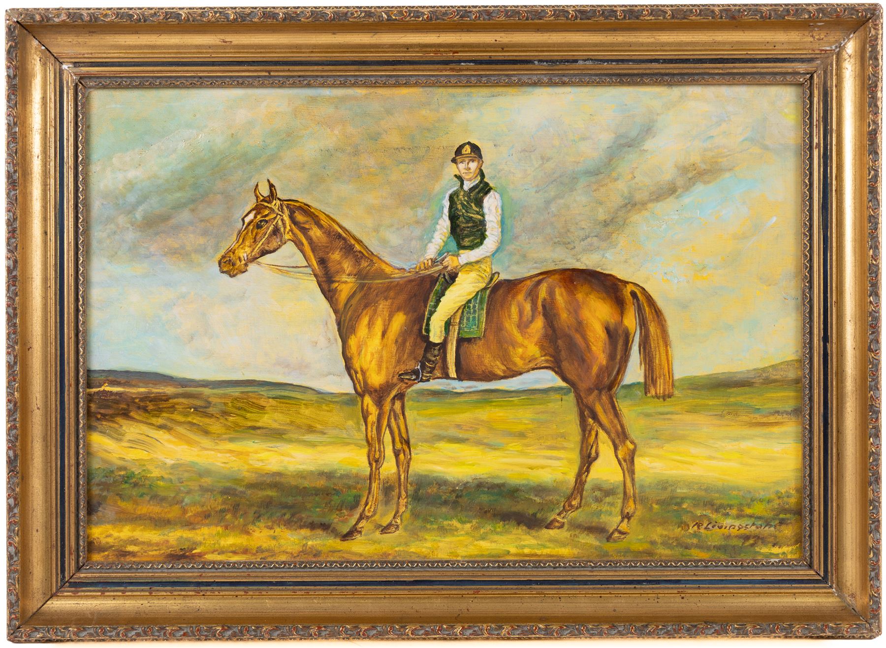 R Livingstone (English School 20th Century): Jockey on Horseback - potentially Lester Piggott, oil on wood panel signed; S Sparke (British 20th century): Roseberry Topping, pair of watercolours signed, one dated '84, and D W S (English School 20th Century): Boats Washed Up on the Beach, pair of watercolours signed with initials and dated '27, max 20cm x 45cm (5)